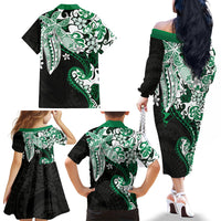 Monstera Plumeria Flowers Green Family Matching Off The Shoulder Long Sleeve Dress and Hawaiian Shirt Polynesian Pattern