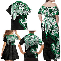 Monstera Plumeria Flowers Green Family Matching Off Shoulder Maxi Dress and Hawaiian Shirt Polynesian Pattern