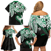 Monstera Plumeria Flowers Green Family Matching Off Shoulder Short Dress and Hawaiian Shirt Polynesian Pattern