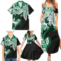 Monstera Plumeria Flowers Green Family Matching Summer Maxi Dress and Hawaiian Shirt Polynesian Pattern