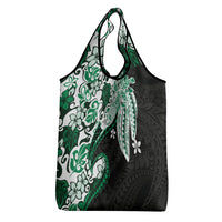 Monstera Plumeria Flowers Green Grocery Bag Polynesian Pattern