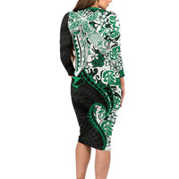 Monstera Plumeria Flowers Green Long Sleeve Bodycon Dress Polynesian Pattern