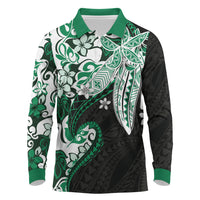 Monstera Plumeria Flowers Green Long Sleeve Polo Shirt Polynesian Pattern