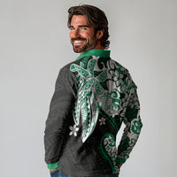 Monstera Plumeria Flowers Green Long Sleeve Polo Shirt Polynesian Pattern