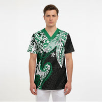 Monstera Plumeria Flowers Green Scrub Top Polynesian Pattern