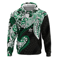 Monstera Plumeria Flowers Green Zip Hoodie Polynesian Pattern