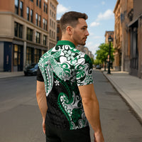 Monstera Plumeria Flowers Green Zipper Polo Shirt Polynesian Pattern