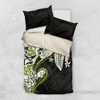 Monstera Plumeria Flowers Olive Green Bedding Set Polynesian Pattern
