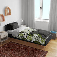 Monstera Plumeria Flowers Olive Green Bedding Set Polynesian Pattern