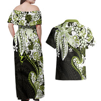 Monstera Plumeria Flowers Olive Green Couples Matching Off Shoulder Maxi Dress and Hawaiian Shirt Polynesian Pattern