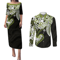Monstera Plumeria Flowers Olive Green Couples Matching Puletasi and Long Sleeve Button Shirt Polynesian Pattern