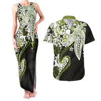 Monstera Plumeria Flowers Olive Green Couples Matching Tank Maxi Dress and Hawaiian Shirt Polynesian Pattern