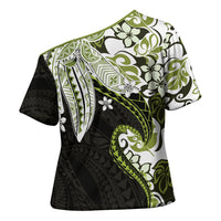 Monstera Plumeria Flowers Olive Green Cross Shoulder Shirt Polynesian Pattern