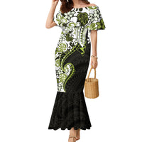 Monstera Plumeria Flowers Olive Green Family Matching Mermaid Dress and Hawaiian Shirt Polynesian Pattern