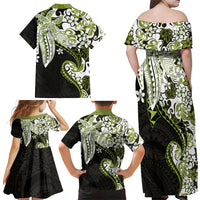 Monstera Plumeria Flowers Olive Green Family Matching Off Shoulder Maxi Dress and Hawaiian Shirt Polynesian Pattern