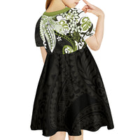 Monstera Plumeria Flowers Olive Green Kid Short Sleeve Dress Polynesian Pattern