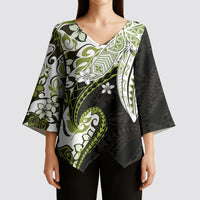 Monstera Plumeria Flowers Olive Green Kimono Sleeve Blouse Polynesian Pattern