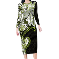 Monstera Plumeria Flowers Olive Green Long Sleeve Bodycon Dress Polynesian Pattern LT01 Long Dress Green - Polynesian Pride