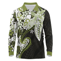 Monstera Plumeria Flowers Olive Green Long Sleeve Polo Shirt Polynesian Pattern LT01 Green - Polynesian Pride