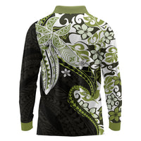 Monstera Plumeria Flowers Olive Green Long Sleeve Polo Shirt Polynesian Pattern LT01 - Polynesian Pride