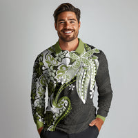 Monstera Plumeria Flowers Olive Green Long Sleeve Polo Shirt Polynesian Pattern LT01 - Polynesian Pride