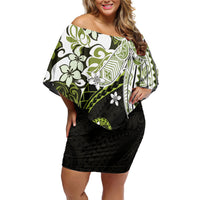 Monstera Plumeria Flowers Olive Green Off Shoulder Short Dress Polynesian Pattern