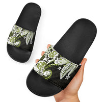 Monstera Plumeria Flowers Olive Green Slide Sandals Polynesian Pattern
