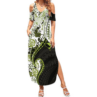 Monstera Plumeria Flowers Olive Green Summer Maxi Dress Polynesian Pattern