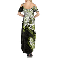 Monstera Plumeria Flowers Olive Green Summer Maxi Dress Polynesian Pattern