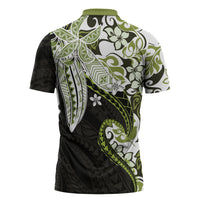 Monstera Plumeria Flowers Olive Green Zipper Polo Shirt Polynesian Pattern