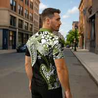 Monstera Plumeria Flowers Olive Green Zipper Polo Shirt Polynesian Pattern