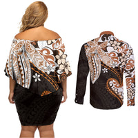 Monstera Plumeria Flowers Orange Couples Matching Off Shoulder Short Dress and Long Sleeve Button Shirt Polynesian Pattern