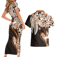 Monstera Plumeria Flowers Orange Couples Matching Short Sleeve Bodycon Dress and Hawaiian Shirt Polynesian Pattern