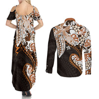 Monstera Plumeria Flowers Orange Couples Matching Summer Maxi Dress and Long Sleeve Button Shirt Polynesian Pattern