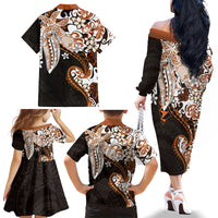 Monstera Plumeria Flowers Orange Family Matching Off The Shoulder Long Sleeve Dress and Hawaiian Shirt Polynesian Pattern