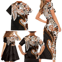 Monstera Plumeria Flowers Orange Family Matching Short Sleeve Bodycon Dress and Hawaiian Shirt Polynesian Pattern