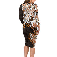 Monstera Plumeria Flowers Orange Long Sleeve Bodycon Dress Polynesian Pattern