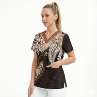 Monstera Plumeria Flowers Orange Scrub Top Polynesian Pattern
