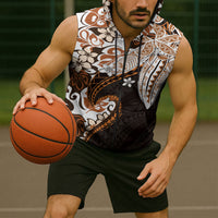Monstera Plumeria Flowers Orange Sleeveless Zip Hoodie Polynesian Pattern