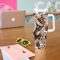 Monstera Plumeria Flowers Orange Tumbler With Handle Polynesian Pattern