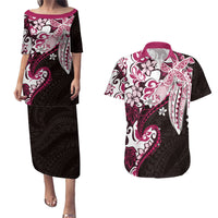 Monstera Plumeria Flowers Pink Couples Matching Puletasi and Hawaiian Shirt Polynesian Pattern