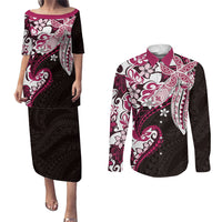 Monstera Plumeria Flowers Pink Couples Matching Puletasi and Long Sleeve Button Shirt Polynesian Pattern