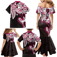 Monstera Plumeria Flowers Pink Family Matching Mermaid Dress and Hawaiian Shirt Polynesian Pattern