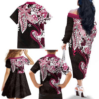 Monstera Plumeria Flowers Pink Family Matching Off The Shoulder Long Sleeve Dress and Hawaiian Shirt Polynesian Pattern