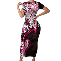 Monstera Plumeria Flowers Pink Family Matching Short Sleeve Bodycon Dress and Hawaiian Shirt Polynesian Pattern