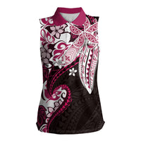 Monstera Plumeria Flowers Pink Women Sleeveless Polo Shirt Polynesian Pattern