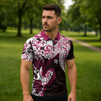Monstera Plumeria Flowers Pink Zipper Polo Shirt Polynesian Pattern LT01 - Polynesian Pride