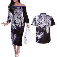 Monstera Plumeria Flowers Purple Couples Matching Off The Shoulder Long Sleeve Dress and Hawaiian Shirt Polynesian Pattern LT01 Purple - Polynesian Pride