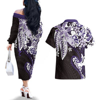 Monstera Plumeria Flowers Purple Couples Matching Off The Shoulder Long Sleeve Dress and Hawaiian Shirt Polynesian Pattern LT01 - Polynesian Pride