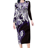 Monstera Plumeria Flowers Purple Family Matching Long Sleeve Bodycon Dress and Hawaiian Shirt Polynesian Pattern